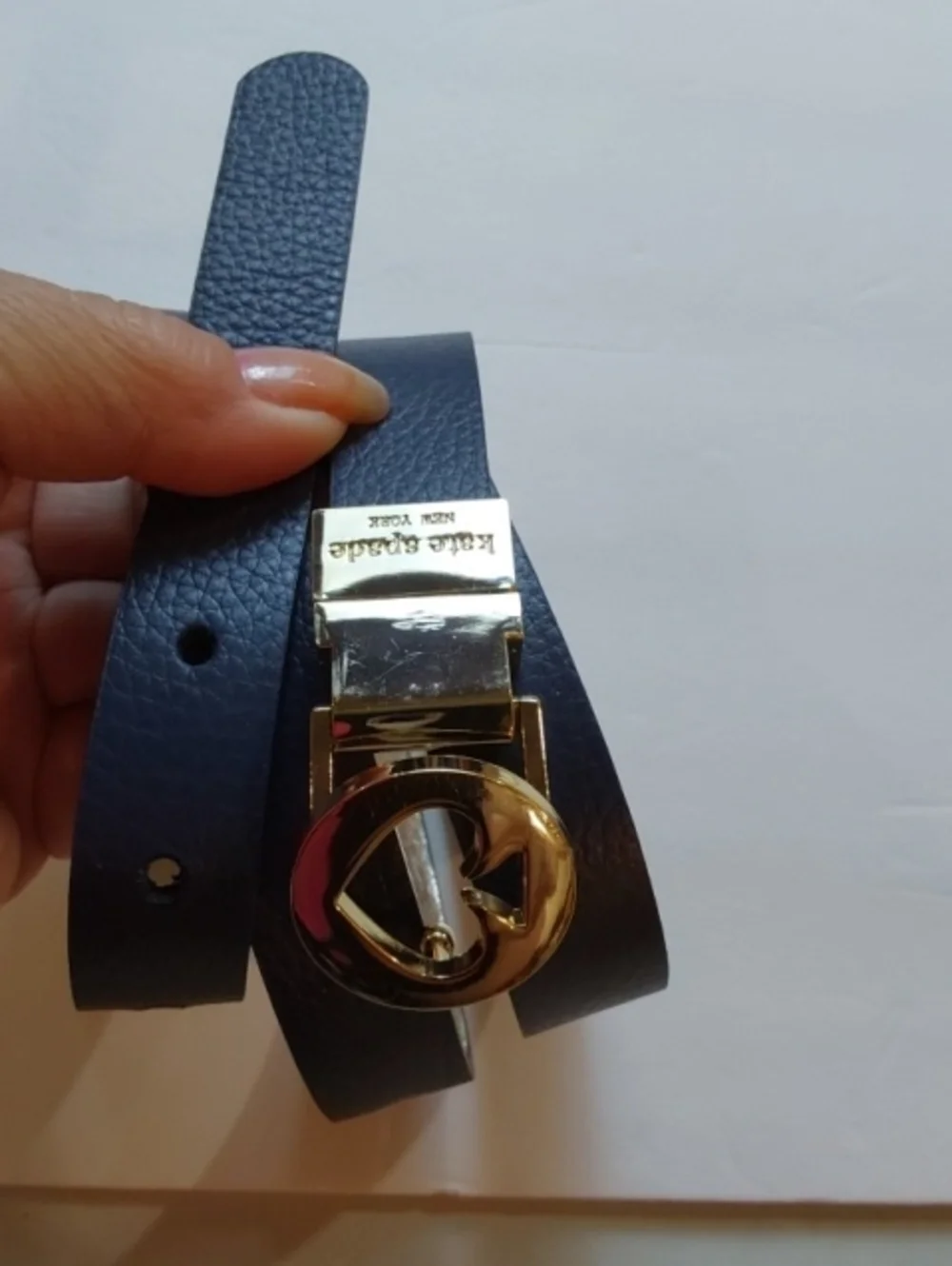 Kate Spade|Gold Metallic/Navy Reversible Women’s Thin Belt Gold Spade Buckle OS